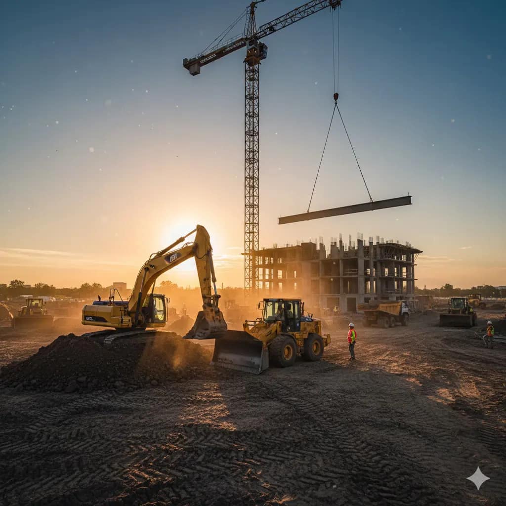 Construction site with excavators, crane, and building development