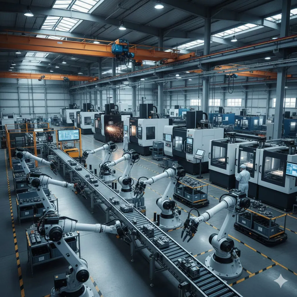 Modern manufacturing facility with robotic arms and CNC machines